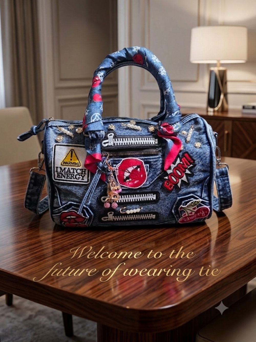 Denim Patchwork Satchel Handbag - Blue